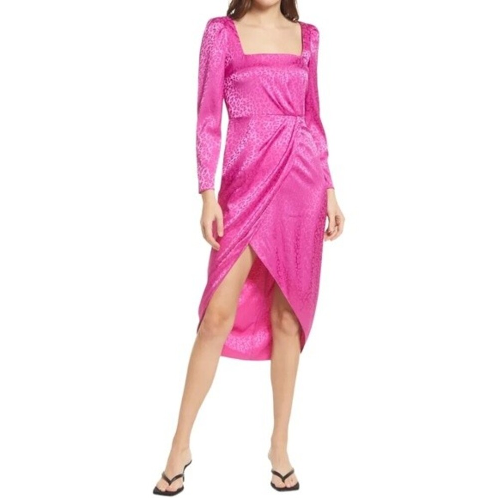 NWT Saylor Satin Midi Dress Magenta Pink Leopard Size Medium Wedding Guest NEW
